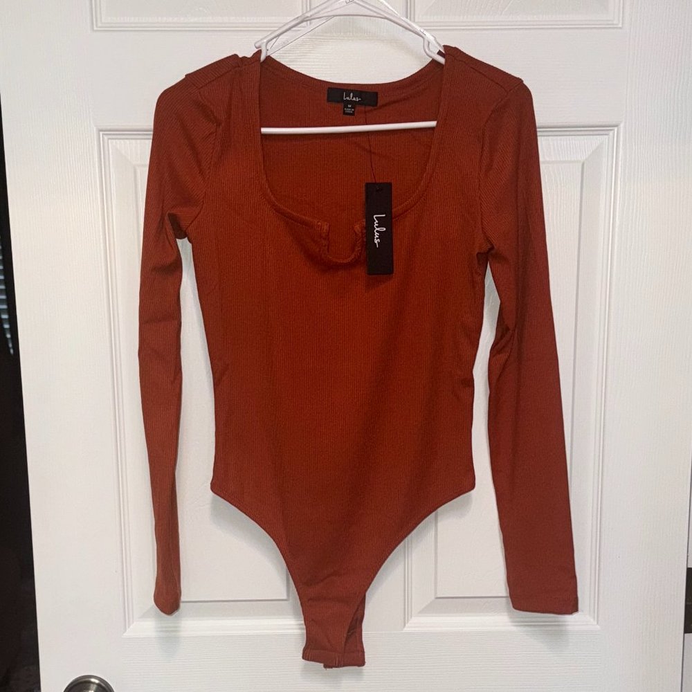 LULUS Fond Favorite Rust Orange Ribbed Long Sleeve Notch Neck Bodysuit - NWT